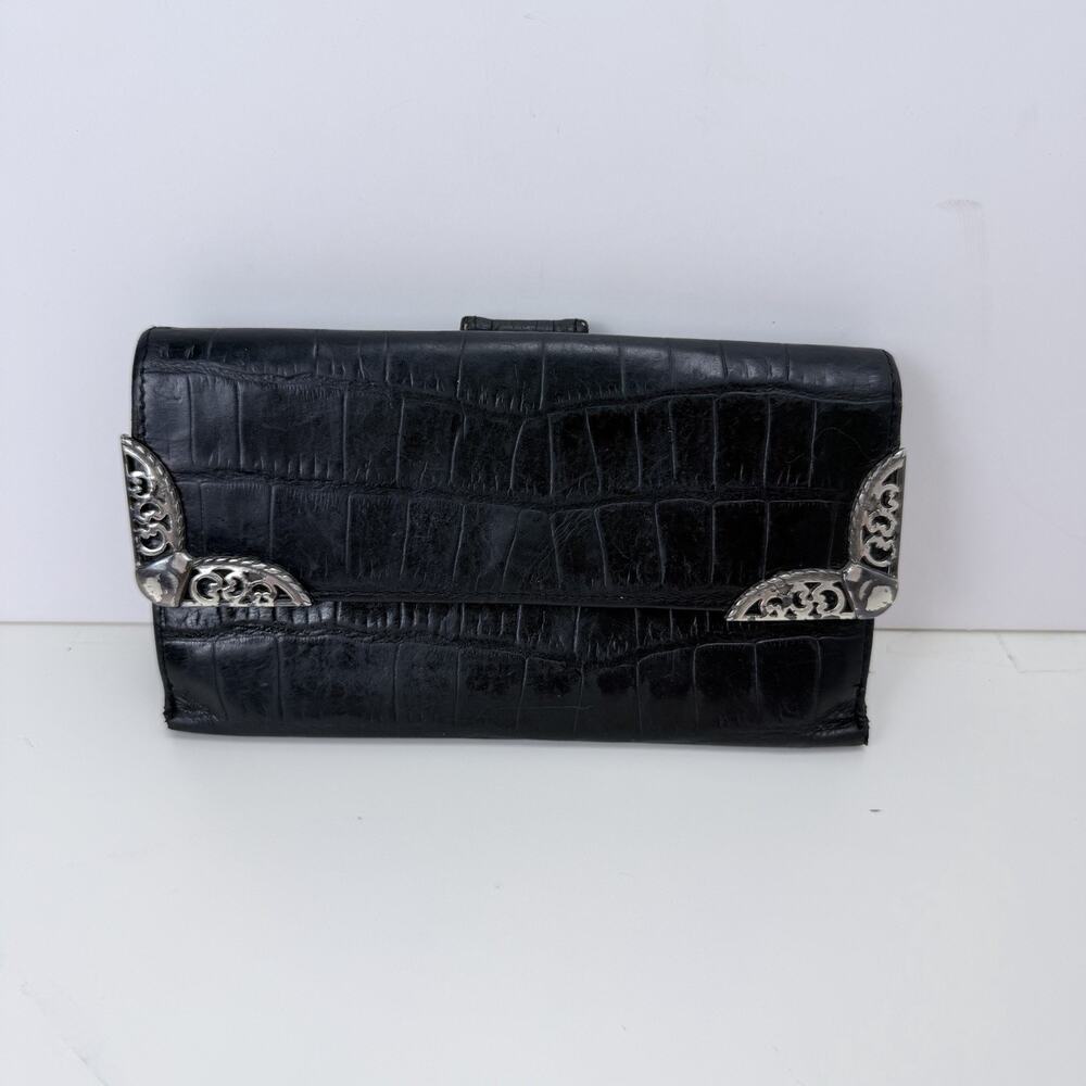 Brighton Black Croc Leather Checkbook Wallet Silver Trim Vintage Organizer